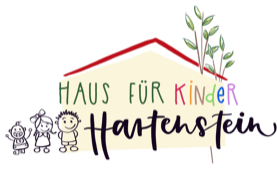 Logo: Ein gelbes haus mit Dach mit der Aufschrift Haus für Kinder Hartenstein